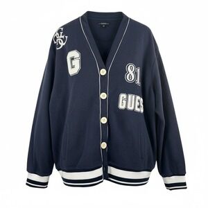 GUESS  Navy logo Varsity embroidered oversized Cardigan terry knit sz XL 90s‎